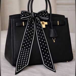 BLACK SILVER POLKA DOT SKINNY SCARF BANDEAU BOW BAG HANDLE WRAP